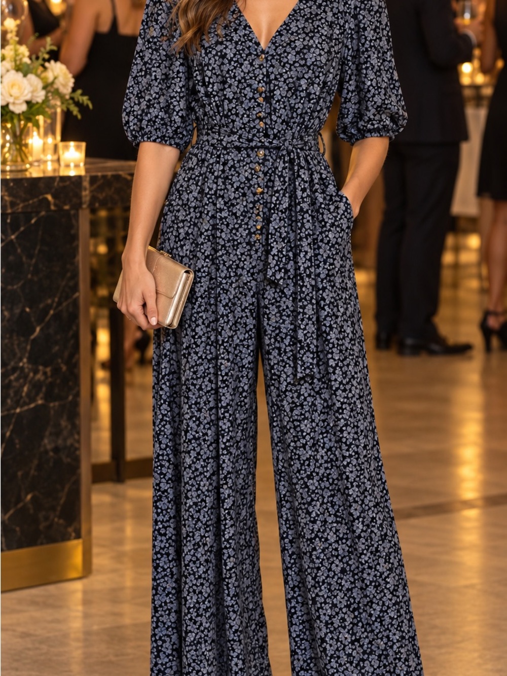 Title: Universal Thread Floral Wide Leg Jumpsuit Navy Size Small NWT